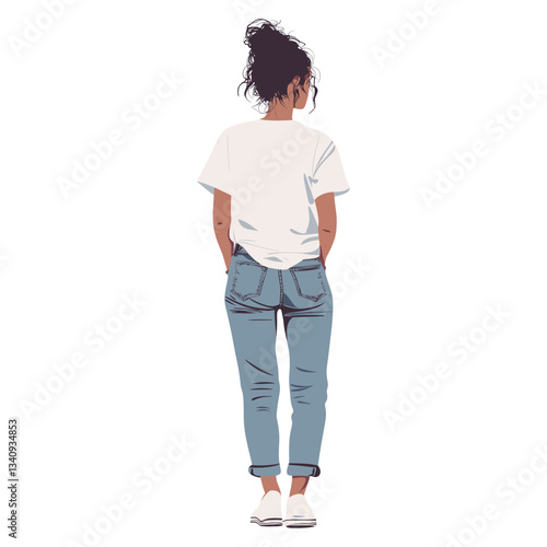 A woman wearing white t shirt and jeans illustration t-shirt back vector
