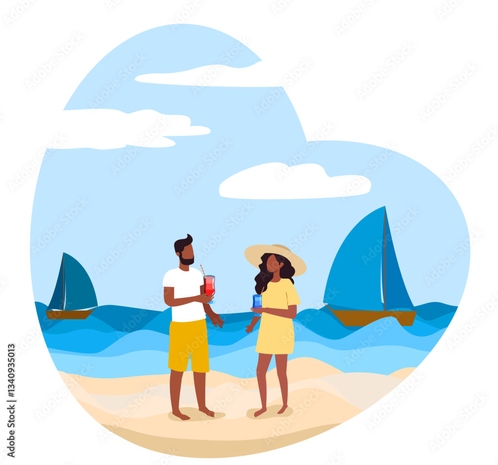 Obraz premium Couples enjoy drinks on a sunny beach in summer with sailboats in the background