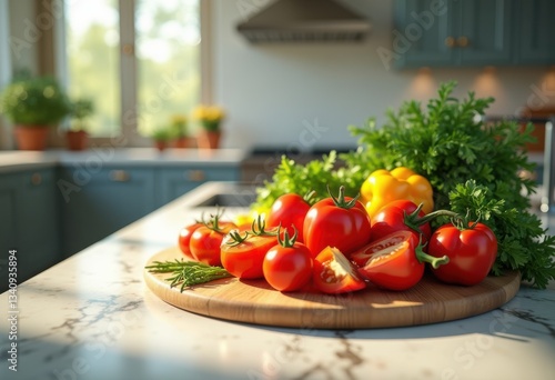 vibrant ingredients beautifully arranged stylish modern kitchen setup sleek features eye catching colors, appliances, bowls, chef, cinnamon, clean