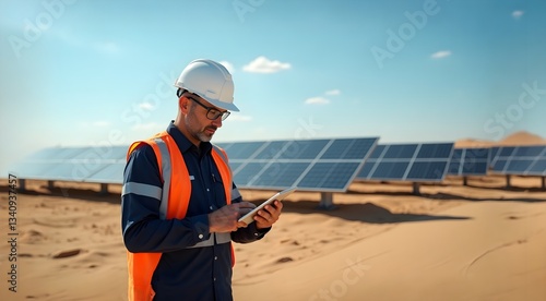 Engineer in Workwear with Helmet Using a Tablet in the Energy Sector