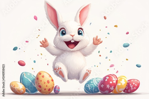 Wallpaper Mural Funny cartoon Easter bunny joyfully jumping among colorful Easter eggs with a cheerful expression. Torontodigital.ca