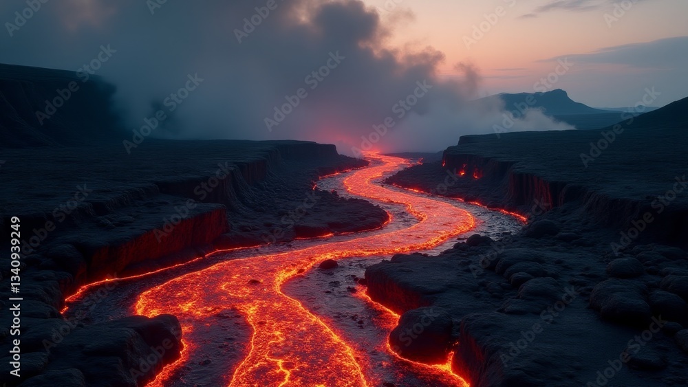 Naklejka premium Active Lava Flowing Into Valley At Dusk