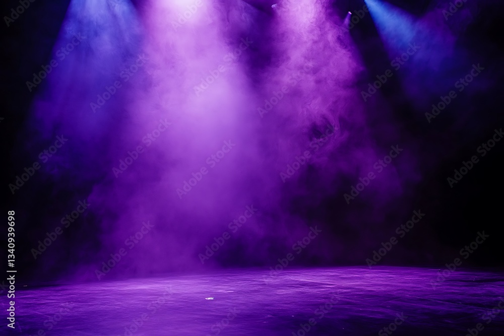 Fototapeta premium Spotlight beams carve through a smoky violet haze illuminating an empty stage with a bold electric buzz of anticipation