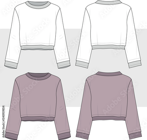 Women's double long sleeved t shirt fashion drawing illustration. round neck loose top technical drawing, template, sketch, front and back view, cad, mockup.