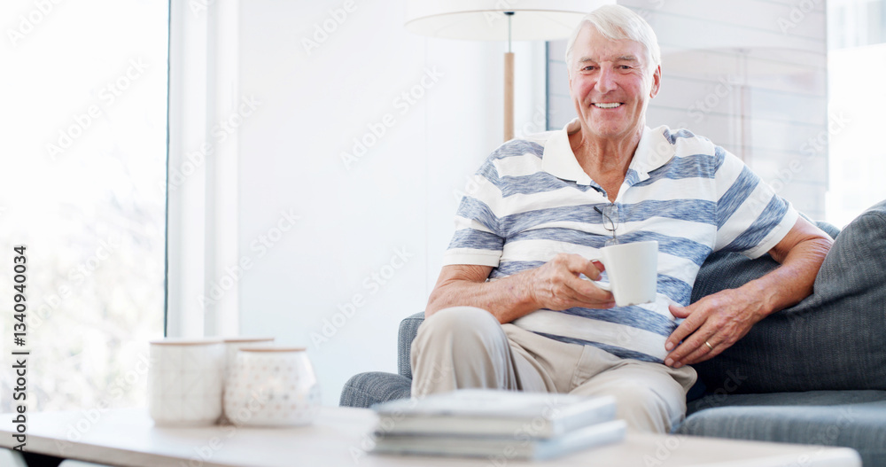Home, sofa and old man in portrait with coffee, espresso and comfortable with relax on retirement. House, senior person and pensioner with tea drink for peace, calm and wellness on couch in lounge Home, sofa and old man in portrait with coffee, espresso and comfortable with relax on retirement. House, senior person and pensioner with tea drink for peace, calm and wellness on couch in lounge