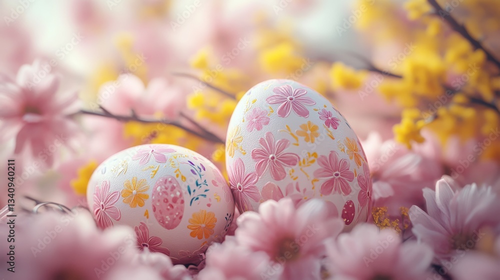 Fototapeta premium Decorative Easter eggs among blooming flowers in a serene spring setting.