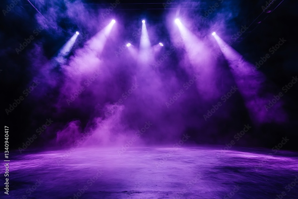 Fototapeta premium Spotlight beams carve through a smoky violet haze illuminating an empty stage with a bold electric buzz of anticipation