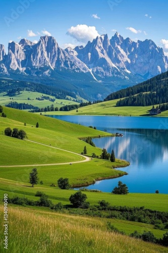 a view of a lake and mountains with a few trees