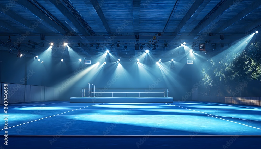 Fototapeta premium An empty blue-toned tennis court is brightly illuminated by spotlights in an indoor arena or outdoor setting