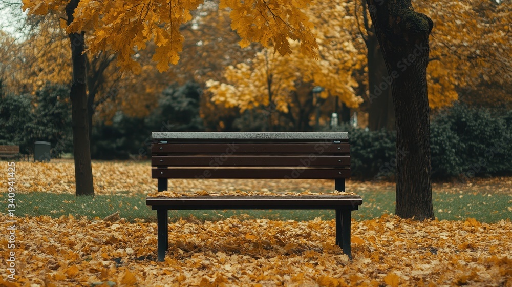 An empty wooden bench in a peaceful park surrounded by golden autumn leaves, representing reflection, solitude, and emotional well being. An empty wooden bench in a peaceful park surrounded by golden autumn leaves, representing reflection, solitude, and emotional well being.
