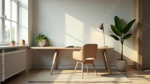 Serene Workspace A Minimalist Home Office Design Featuring Natural Light, Wooden Furniture, and Lush Greenery