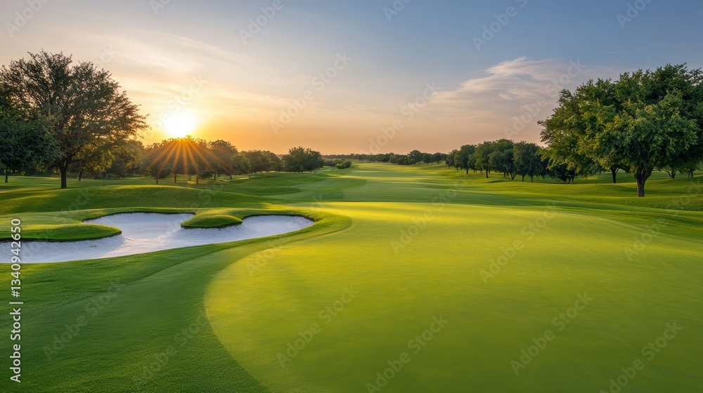 Naklejka premium Serene Sunrise Over Lush Green Golf Course Landscape with Water Feature and Tree Line