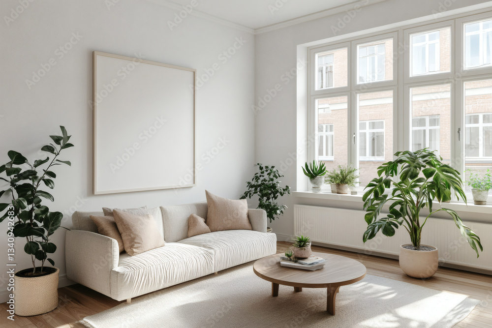 Fototapeta premium Bright Scandinavian Living Room with Large White Picture Frame Mockup