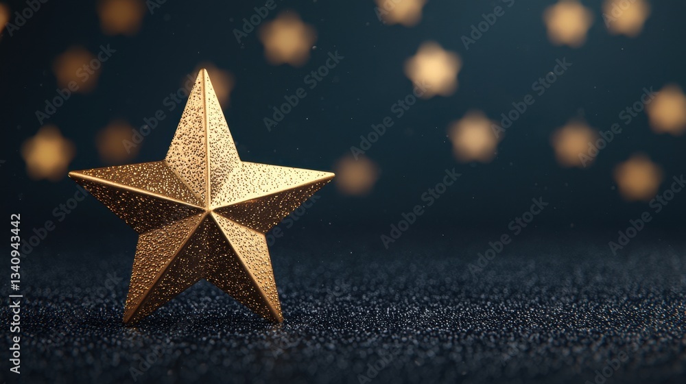 Glittering Golden Star on Dark Background with Blurred Star Bokeh Effect for Celebratory Themes Glittering Golden Star on Dark Background with Blurred Star Bokeh Effect for Celebratory Themes