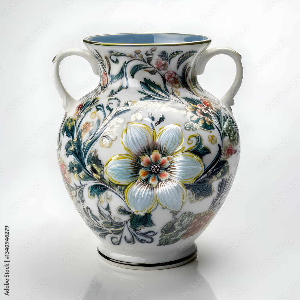 An Elegant Porcelain Vase Adorned With A Vibrant Floral Tapestry, Showcasing Delicate Hand-painted Blossoms And Lush Green Leaves Against A Creamy White Backdrop, A Testament To Artistic Craftsmanship An Elegant Porcelain Vase Adorned With A Vibrant Floral Tapestry, Showcasing Delicate Hand-painted Blossoms And Lush Green Leaves Against A Creamy White Backdrop, A Testament To Artistic Craftsmanship
