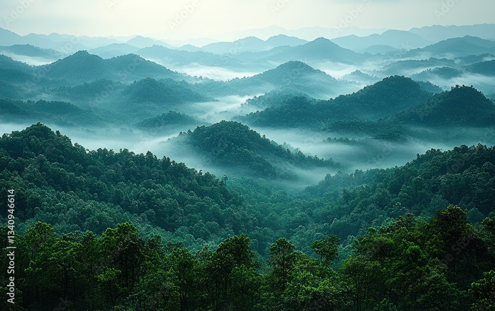 Obraz premium Misty mountain range with lush forests