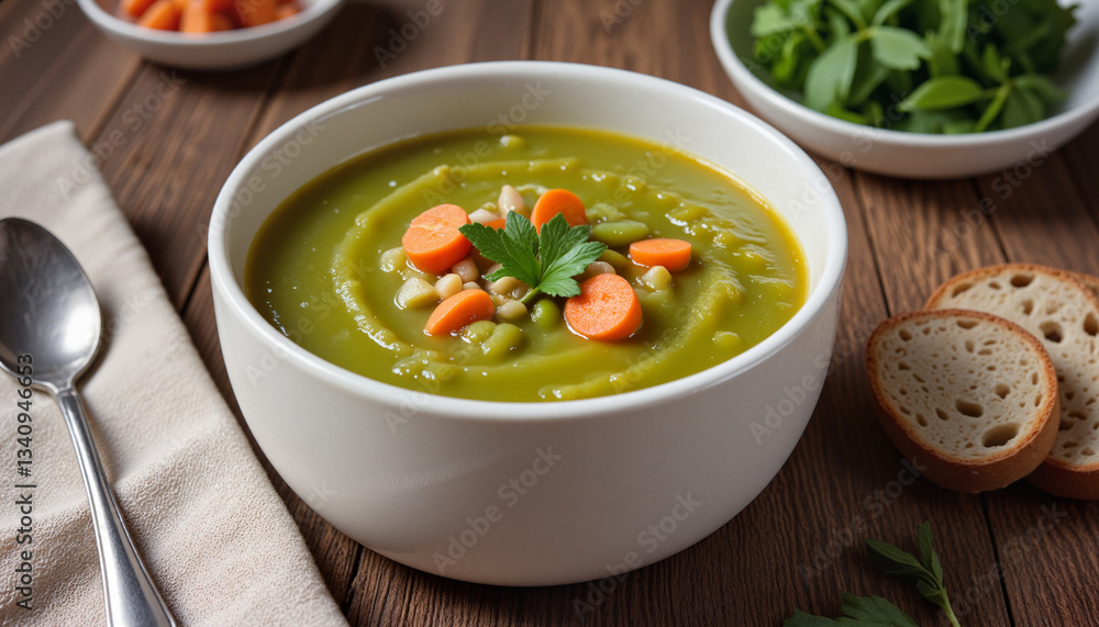 Comforting split pea soup with carrots and herbs in a rustic kitchen setting Comforting split pea soup with carrots and herbs in a rustic kitchen setting