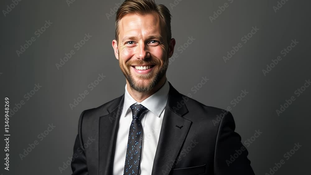 A confident businessman stands smiling against a grey background, exuding professionalism and charisma. his formal suit and tie highlight a successful corporate image, evoking trust and leadership. A confident businessman stands smiling against a grey background, exuding professionalism and charisma. his formal suit and tie highlight a successful corporate image, evoking trust and leadership.