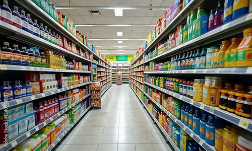 Grocery Store Aisles: A vibrant perspective showcases aisles filled with products. A wide array of food, beverages, and household items lines the shelves, inviting exploration and discovery. 