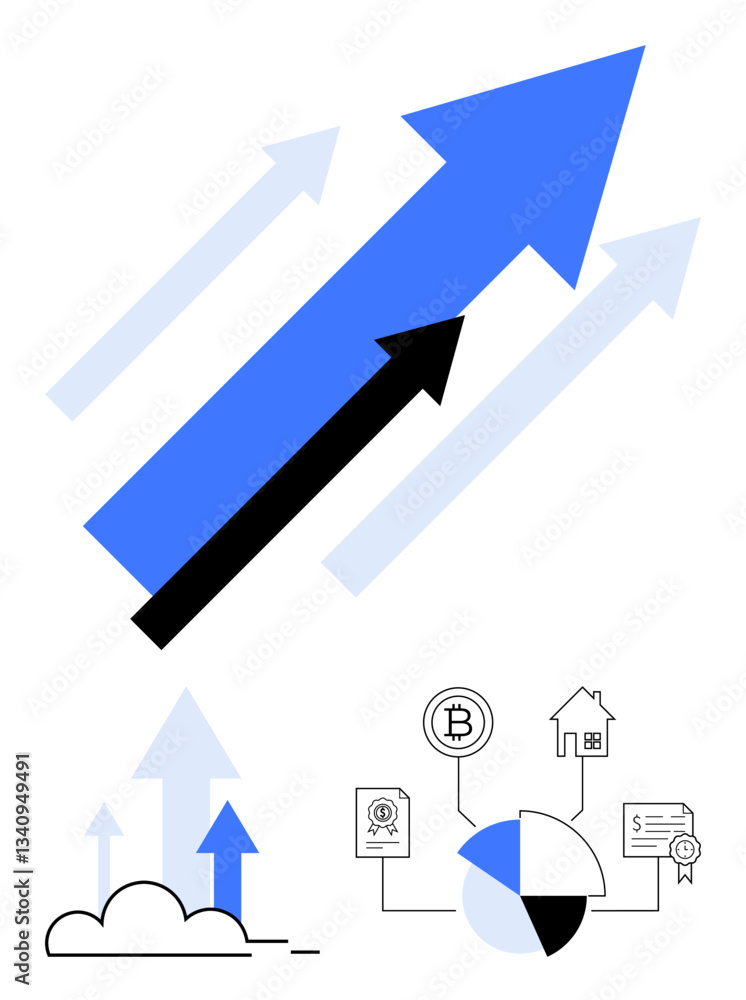 Blue arrows represent business growth above a cloud. Cryptocurrency, pie chart, real estate, and certification icons convey data analysis, innovation, finance, and emerging trends. Ideal Blue arrows represent business growth above a cloud. Cryptocurrency, pie chart, real estate, and certification icons convey data analysis, innovation, finance, and emerging trends. Ideal