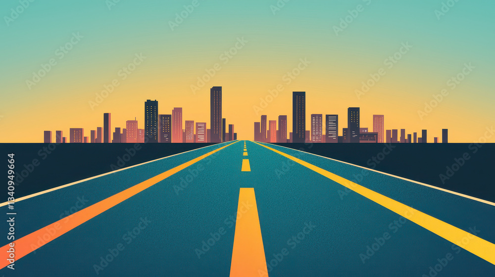 Fototapeta premium vibrant city skyline at sunset with long road ahead