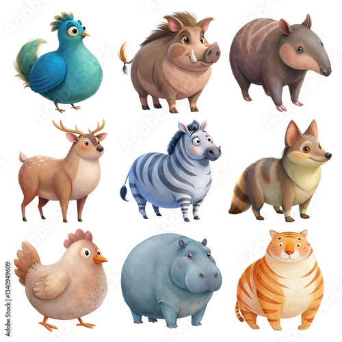 Set of cube chubby water color animals - Peacock, wild boar, anteater, deer, zebra, fox, hen, hippo, tiger, transparent  background,  illustration, clipart for kids