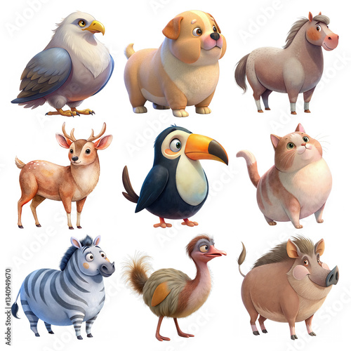 Set of cube chubby water color animals - Eagle, dog, horse, deer, hornbill, cat, zebra, ostrich, wild boar, transparent  background,  illustration, clipart for kids