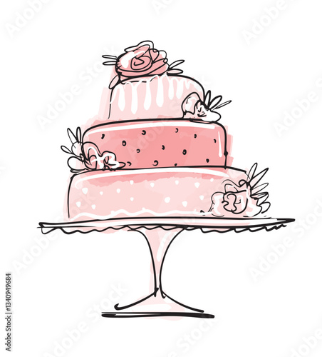 Birthday cake icon, wedding cake with floral decor, pink sketch, hand drawn vector illustration isolated on white background. Logo for pastry shop.