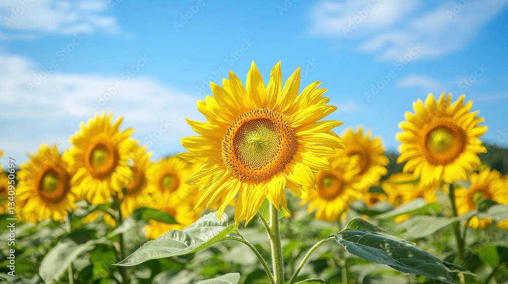 Field of blooming sunflowers with rows of vibrant yellow flowers against a blue sky Copy Space Field of blooming sunflowers with rows of vibrant yellow flowers against a blue sky Copy Space