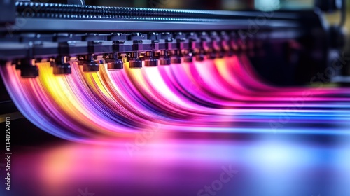 Colorful printing press in action, vibrant inks, factory background, industrial process