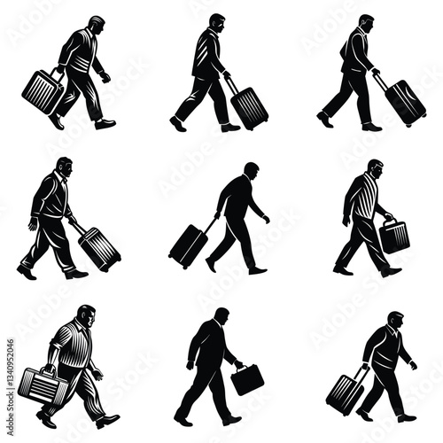 Businessman walking with travel luggage, isolated vector silhouette, Man pulling a suitcase silhouette vector art black color design