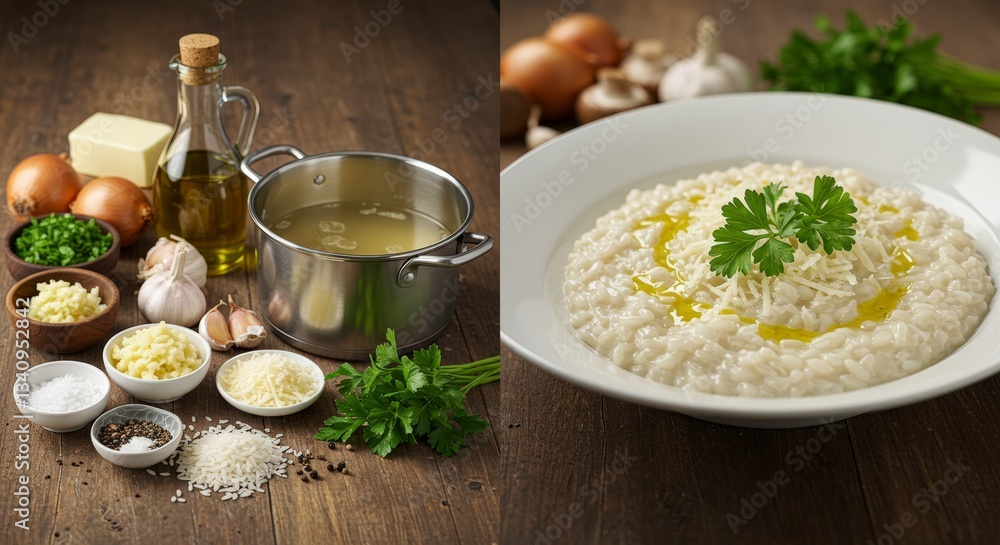 Preparing Creamy Risotto with Parmesan Cheese and Fresh Herbs on Wooden Surface Preparing Creamy Risotto with Parmesan Cheese and Fresh Herbs on Wooden Surface