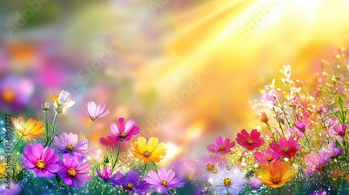 Beautiful dewy wildflowers are glowing in the golden light of the rising sun in a peaceful spring meadow, creating a serene and idyllic natural scene