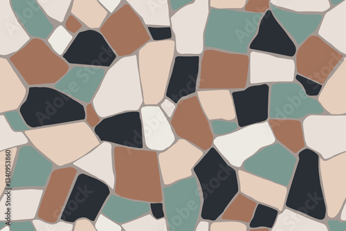 Seamless pattern of stone slabs. Abstract geometric multicolored stone ornament shapes. Green, latte brown, beige, ivory, mosaic vector background.