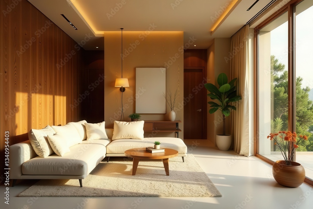 Fototapeta premium Serene Modern Living Room Design with Wooden Accents and Natural Light Streaming Through Large Windows
