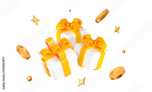 3d white gift box with yellow ribbon and flying gold Indian rupees coins and balls. Stock vector illustration on isolated background.	
