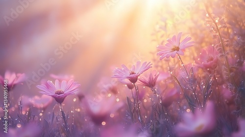 Fototapeta Naklejka Na Ścianę i Meble -  Purple flowers are blooming in a spring field at sunrise, covered in glistening dew drops, creating a serene and beautiful natural landscape