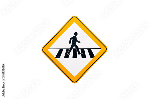 Free Download A pedestrian crossing sign features a black figure walking on a striped crosswalk within a bright yellow diamond, isolated on a transparent background - GFXLoad
