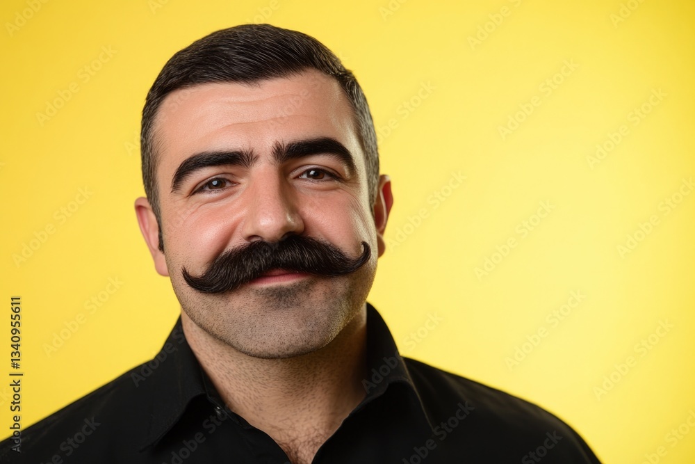 Obraz premium A person with a distinctive mustache set against a bright yellow background