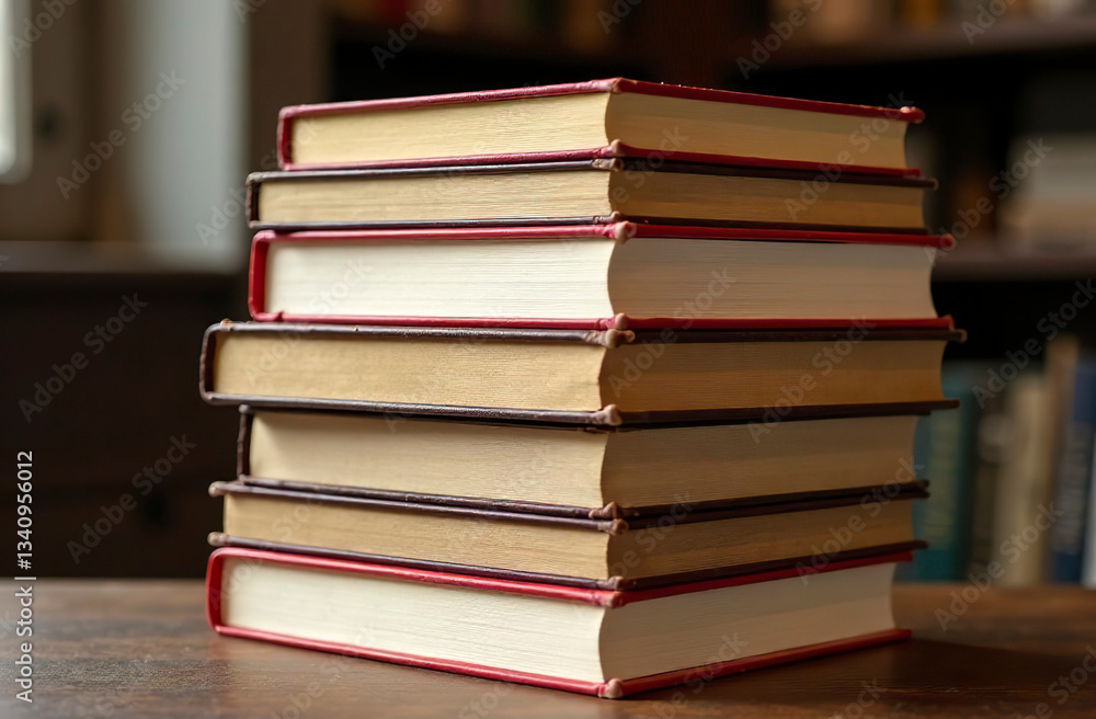 A stack of books with worn corners lies on the table. A stack of books with worn corners lies on the table.