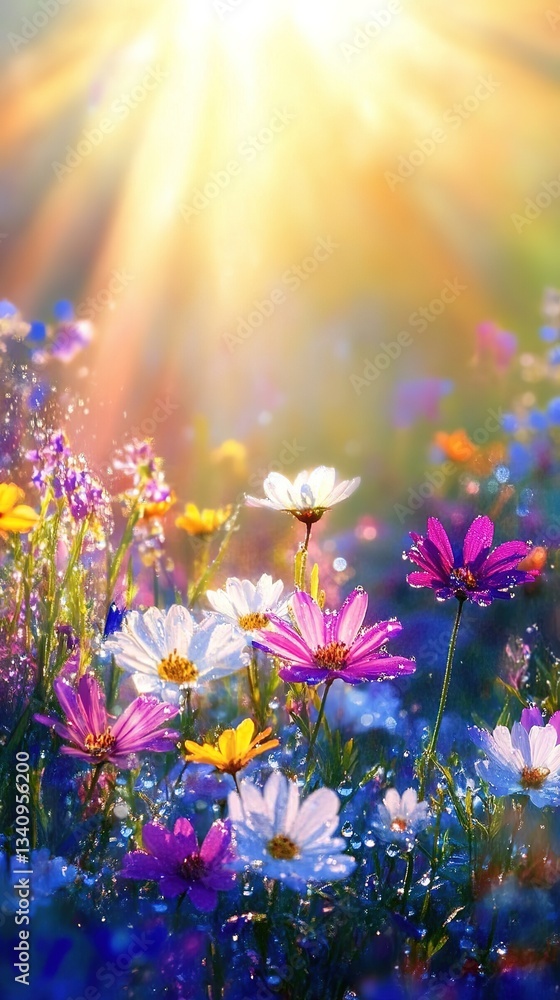 Fototapeta premium Beautiful dewy wildflowers are glowing in the golden light of the rising sun in a peaceful spring meadow, creating a serene and idyllic natural scene