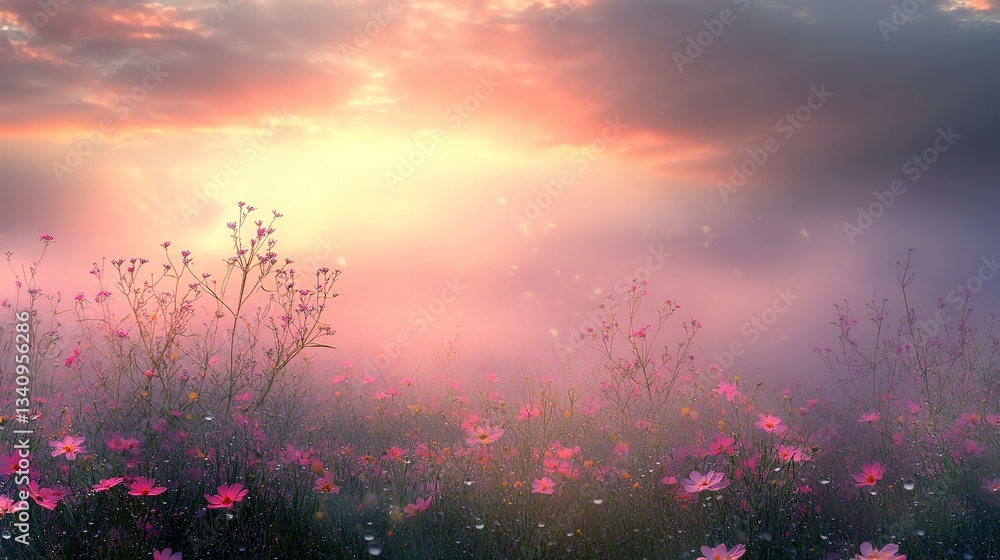 Fototapeta premium Purple flowers are blooming in a spring field at sunrise, covered in glistening dew drops, creating a serene and beautiful natural landscape