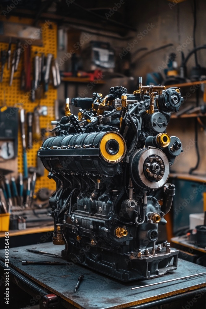 A black engine sits on a table A black engine sits on a table