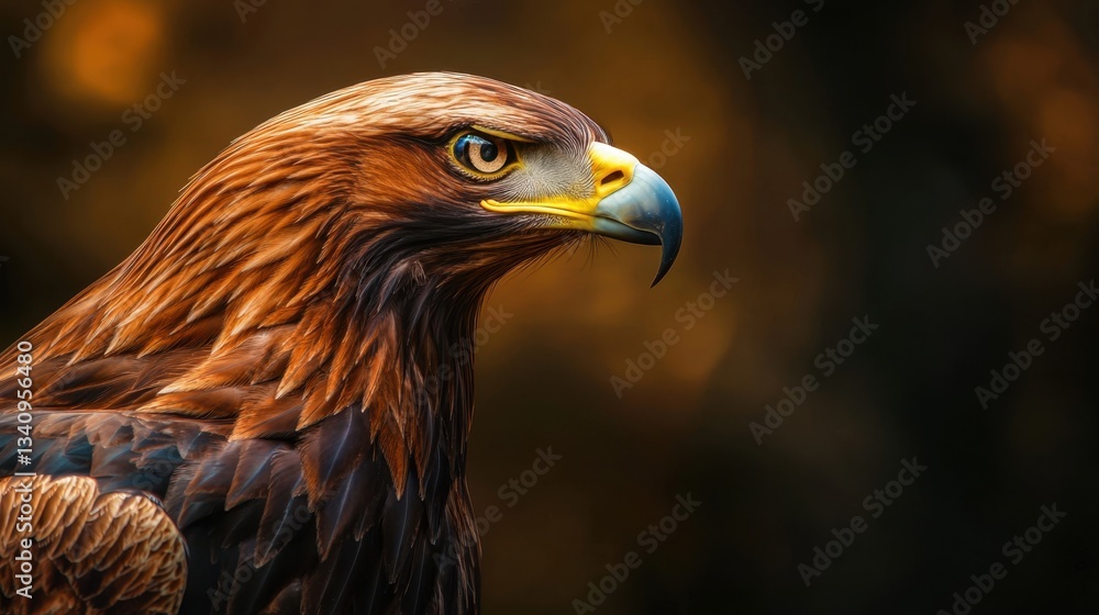 Fototapeta premium Majestic Golden Eagle Perched Amidst a Warm Background Showcasing Its Striking Feathers and Intense Gaze for Nature and Wildlife Enthusiasts