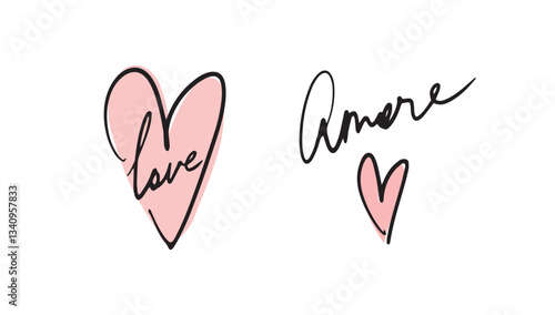 Hand written word love with heart symbol, minimalist logo for wedding invitation, romantic decor. Vector illustration.