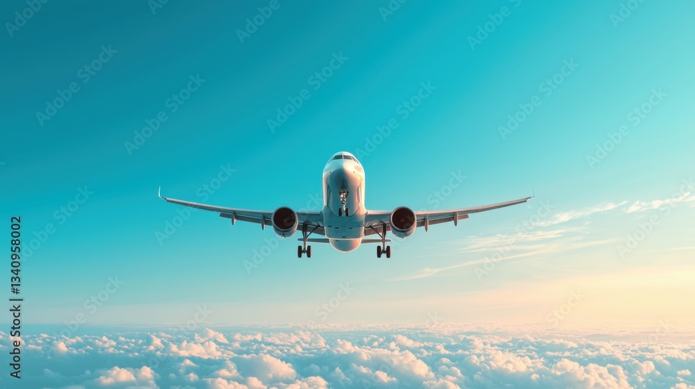 Obraz premium Airplane Flying Above Clouds During Sunset with Beautiful Sky Colors in Background, Capturing Serenity of Travel and Adventure