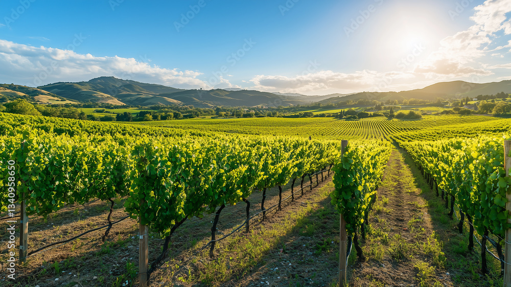 A large, sprawling vineyard under a bright August sky, with rows of grapevines heavy with ripened grapes A large, sprawling vineyard under a bright August sky, with rows of grapevines heavy with ripened grapes