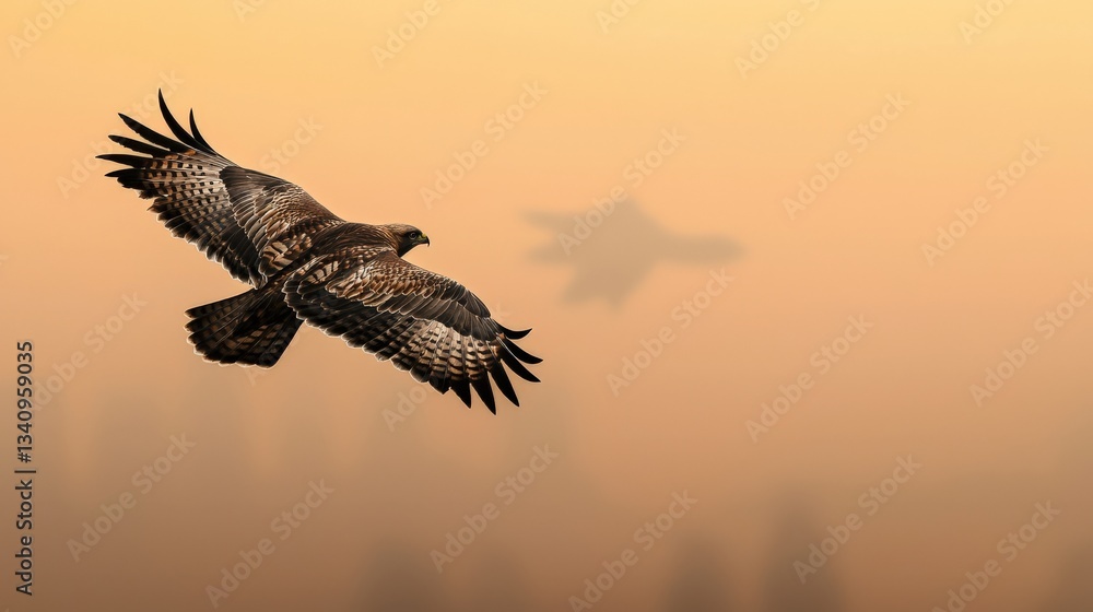 Fototapeta premium Stop pollution wildlife concept. Majestic hawk soaring through a hazy sky at sunset.