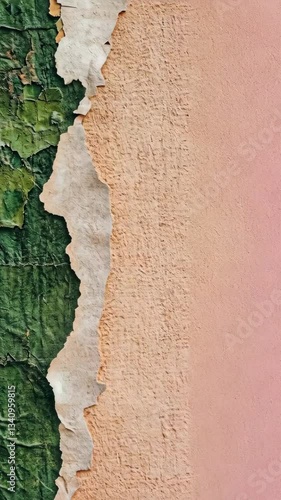 Colorful peeling paint on a textured wall in a sunlit urban environment showcasing layers of green, beige, and pink hues