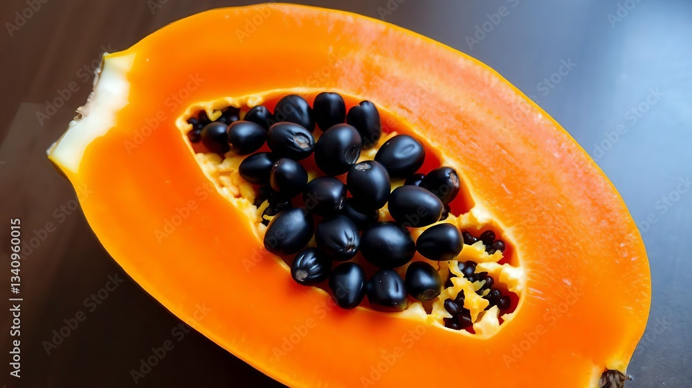 A vibrant shot of a halved papaya, showcasing the bright orange flesh with glossy black seeds clustered in the center. A vibrant shot of a halved papaya, showcasing the bright orange flesh with glossy black seeds clustered in the center.